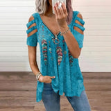 Collar Leisure Zipper Pullover Print Short Sleeve Loose T-shirt
