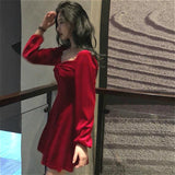 Sleeve Dress Women Square-collar Bow Elegant Backless Mini A-line Velvet-fabric Fashion Retro Womens Vestidos Chic