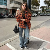 Zingj New Vintage Plaid Shirt Women's Casual Plaid Top Versatile Lapel Loose Medium Long Shirt-Outfit