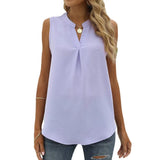 Solid Color Chiffon Leisure Shirt Loose V-neck Pullover Sleeveless Top