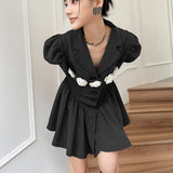 High Fashion Designer Puff Sleeve Blazer Dress Women Ruffle Flower Patch Tunics Mini Ball Gown Dress Korean