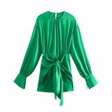 Fashion Green High Waist Women Dress Elegant Long Sleeve Y2K Sheath Bow Sashes Summer Female Holiday Dresses Party