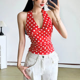 Summer Women's New Hottie Sexy Black Wave Dot Print Spread Out Back V Collar Hanging Neck Tight