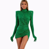 New Hot Green Sleeves Small High-Neck Dress Fashion Party Show