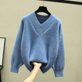 Mink Velvet V-neck Knitted Sweater Women Loose Here Simple Commuter Fashion Stretch Bottoming Sweater Pullover Femal