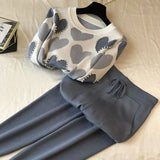 Women Sweater 2 Piece Sets Chic Knit Embroidery Bead Heartshape Pullovers Top + Spring Harem Pants Sport Tracksuits