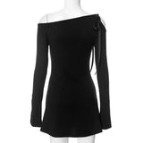 Long Sleeve One Shoulder Ribbon Tie-Up Mini Dress-Outfit