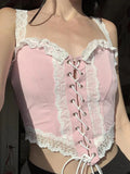 2000s Cute Aesthetics Lace Trim Bandage Corset Tops Y2K Pink Kawaii Patchwork V-neck Straped Cropped Tanks E-girl