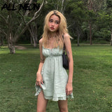 90s Fashion Drawstring Lace-up Ruffles Short Dresses Y2K Streetwear Backless Strapled Milk Maid Dress Green A-line