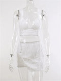 Knitted Two Piece Women Suits Deep V-neck Tank Vest Crop Tops High Waist Split Mini Skirts Sexy Summer Beach