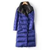 Women Double Sided Down Long Jacket Winter Turtleneck White Duck Down Coat Double Breasted Parkas Warm Snow