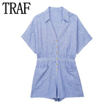 2023 Woman Short Playsuit Blue Striped Summer Woman Jumpsuit Short Sleeve Women Jumpsuits Casual Loose Women's