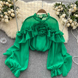 Zingj Sense Irregular Flounce Mesh Shirt Female Spring Autumn Sleeve Fold Small Slim Chic Jacket