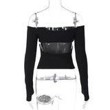 Off-shoulder Long Sleeve Backless Bow Crop Top-Outfit