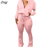 Solid Color Casual Two Piece Set Sexy Ladies Turn Down Collar Long Sleeves Jacket+High Waist Pants Clubwear
