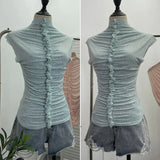 Drilling Sleeveless Vest Wearing Half-High Neck Net Yarn Slime Folded T-Shirt Blouse Female