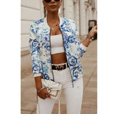 Flower Print Long Sleeve Women's Bomber Jacket Fashion Zipper Up Vintage Coat Tops Elegant Slim Basic Ladies
