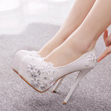 Cm White Lace High Heels Wedding Shoes Water Drill Pearl Banquet Shoes Large Size Thin Heel Waterproof Table Single