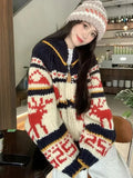 Reindeer Zipper Collar Printed Knitted Cardigan- Outfit