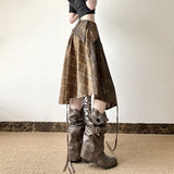 Wasteland Breeze Niche Design Lattice Crash Color Irregular Splicing Lace Open Forked Retro Skirt