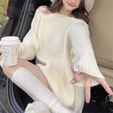 Zingj / Winter 2024 New Pure Desire Pearl Off-The-Shoulder Sweater Sweater Top Broken Hole Design Sense Long Sleeve Top Female-Outfit