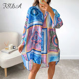 2021 Autumn V Neck Shirt Dress Women Long Sleeve Print Blue Loose Beach Sexy Green Party Casual