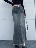 Back Slit Patchwork Long Denim Skirt-Outfit
