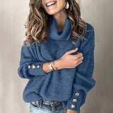 Turtleneck Sweater Women Winter Metal Buttons Long Sleeve Loose Pullover Knitted Jumpers Oversized Harajuku