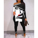 Women Sexy Daily Wear Figure Print Split Hem Long Sleeve Top & Pants Set Autumn Bodycon Party Suit Two Pieces