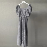 Sexy Square Collar Striped Midi Dresses Shot Puff Sleeve Summer Dresses Women Elegant A-line