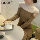 Winter Elegant Fashion Hollow Out Spliced Sweater Bodycon Dress Women Long Sleeve Vestidos De Fiesta Lady Casual