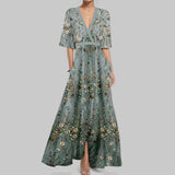 Women's Fashion Elegant Temperament V-Neck Print With Large Skirt Dress Dress