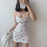 2021 New Girl Lovely French Fruit Pattern Sling Tank Vest Mini Dress + Cardigan Full Sleeve Knitting Sweater Set