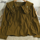 Flowers Embroidery Peter Pan Collar Blouses Women Autumn Japanese Sweet Ruffled Long Sleeve Corduroy Shirt Female