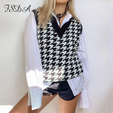 V Neck Houndstooth Vest Cardigan 2020 Black Sleeveless Sweater Women Loose 2020 Autumn Winter Knitted Casual Fashion