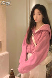 Sweatshirts Coats Women High Waist Crop Tops Solid Sudaderas Hip Hop Y2k Long Sleeve Korean Casual Zipper Pink