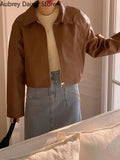 Fashion Elegant Leather Jacket Women Winter Streetwear Cropped Faux Fur Coat High Street Vintage Moto Biker Zipper