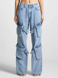 Zingj 2024 New Fashion Retro Multi-Pocket Design Sense Strap Jeans Women's Straight Tube Casual Versatile