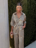 Sequin Straight Pants 2 Piece Set For Women Fashion Lapel Long Sleeves Buttons Shirts Suit 2024 Summer Lady Commute