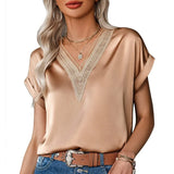 Lace Satin Blouse Loose Short Sleeve Women Tops Fashion 2023 Elegant Summer Casual Shirts Lady Simple Hollow Blusas