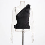 Contracted Wind 2025 Autumn New Unilateral Shoulder Belt Design Three-Dimensional Flower Pure Color Pleated Female Slim