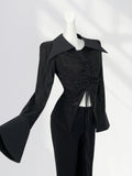 Zingj Earth Wind Unique Top Show Waist Short Black POLO Pointed Collar Draw Rope Horn Sleeve Shirt Forest Witch