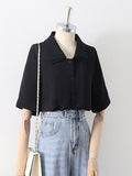 Design Double Turn Down Collar Women White Shirts Short Sleeve Summer Button Up OL Shirts Korean Casual Chiffon Female