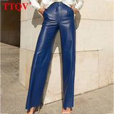 Casual Blue Pu Leather Women's Pants 2022 Autumn Elegant High Waisted Pockets Trousers Fashion Streetwear Straight
