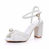 Cm Coarse Heel Sandals Square Coarse Sandals White Pearl Wedding Dress Sandals Pearl Wedding Shoes
