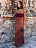 Zingj Patchwork Chest Wrapped Ribbon Long Dress Women Sexy Off Shoulder Side Split Bodycon Robe Summer New Lady Street Vestido 1215-1-Outfit
