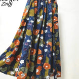 Stripe Cotton Linen Skirts Women Summer Elastic High Waist Pleated Midi Skirt Loose Casual A-Line Beach Boho Skirt