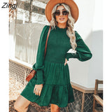 PETAL Green Smocked Mini Dress For Woman Sexy High Neck Long Lantern Sleeve Party Dress 2023 Spring Autumn Female