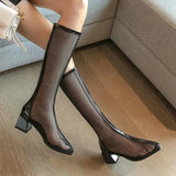 Beige Women Knee High Boots Fashion Zipper Breathable Mesh Boots Sexy Hollow Chunky Heel Long Boots Summer