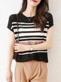 T Shirt Summer Fashion New Patchwork Striped Casual Knitting Tops Female O Neck Short Sleeve Loose Thin Tee Shirts